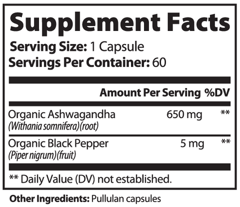 Organic Ashwagandha with Black Pepper – Stress, Calm & Adaptogen Support | 60 Caps
