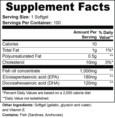 Omega-3 EPA 180mg + DHA 120mg - 100 Softgels