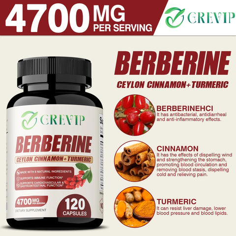 Berberine - Cardiovascular and Digestive Health, Antioxidant - with Ceylon Cinnamon - 120 Capsules