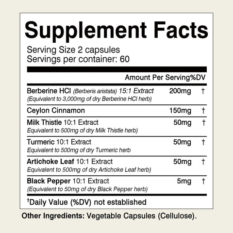 Berberine - Cardiovascular and Digestive Health, Antioxidant - with Ceylon Cinnamon - 120 Capsules